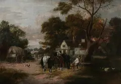 John Frederick Herring The Elder, Watering the Cart Horses, Oil on board