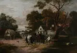 John Frederick Herring The Elder, Watering the Cart Horses, Oil on board
