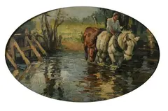 Draft Horses at Watering Hole by Emile Albert Gruppe, Oil on board, sold Dec 2012