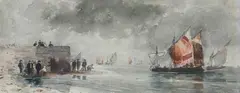 Coastal Scene with Boats and Figures by English School, COASTAL SCENE WITH BOATS AND FIGURES, watercolor, sold Dec 2012