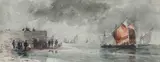 English School, Coastal Scene with Boats and Figures