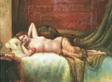 T. Mora, Reclining Female Nude on Bear Skin Rug, Oil on canvas