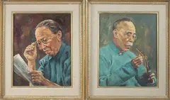 Anonymous, Lady Reading Manuscript, Man Smoking Pipe, two oil on canvas, signed