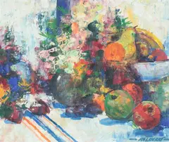 Roberto Falcucci, Naure Morte Aux Pommes Au Et Bouquet de Fleurs, Oil on canvas