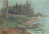 E. English, CANOE ALONG SHORELINE and WINTER FARM SCENE, CANOE ALONG SHORELINE and WINTER FARM SCENE, oil on canvas
