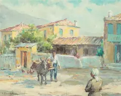 Antonis L. Karafyllakis, Court Yard Scene with Burrow, Oil on canvas