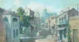 Antonis L. Karafyllakis, Street Scene with Man on Horseback, Oil on canvas