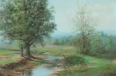Jesse S.C. Heiss, Landscape with Tree and Brook, Oil on board