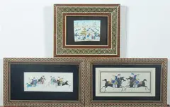 Equestrian Figures by Anonymous, Four ink and color on faux ivory in khatam frames, sold Jan 2013