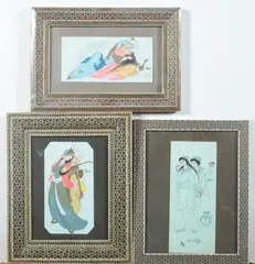 Figures by Anonymous, Six ink and color on faux ivory in khatam frames, sold Jan 2013