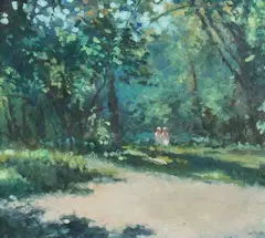 Frederick McDuff, Two Figures at Forest Edge, TWO FIGURES AT FOREST EDGE, oil on canvas