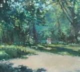 Frederick McDuff, Two Figures at Forest Edge, TWO FIGURES AT FOREST EDGE, oil on canvas