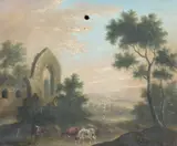 Continental School, Cows Drinking in Stream by Church Ruins, COWS DRINKING IN STREAM BY CHURCH RUINS, oil on canvas