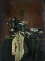 H. Trock, Tabletop Still Life with Pewter Tea Pot and Bowl of Berries, Oil on canvas.