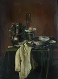 H. Trock, Tabletop Still Life with Pewter Tea Pot and Bowl of Berries, Oil on canvas.