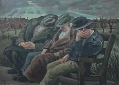 Carl B. Nyquist, Wpa Scene of Three Men Asleep on a Park Bench, Oil on canvas
