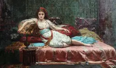 Orientalist School, Odalisque with Peacock Feather Fan, ODALISQUE WITH PEACOCK FEATHER FAN, oil on canvas