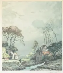 André Delaistre, Peasant Woman Walking on Trail Leading from a Creek, Colored aquatint print