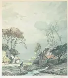 André Delaistre, Peasant Woman Walking on Trail Leading from a Creek, Colored aquatint print