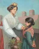 Mother and Daughter with Basket of Flowers by French School, MOTHER AND DAUGHTER WITH BASKET OF FLOWERS, oil on board, unsigned., offered Feb 2013