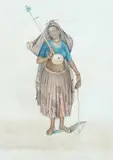Georgina Brown, Indian Figure, INDIAN FIGURE, watercolor; with old label on verso with signatures and printed advertising/sales label that reads: "Indian Figures by a Native Artist".