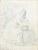 English School, View of a Very Comely Maiden Seated on Top of Small Boulder, Pencil drawing on paper