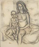 F. Gimpel, MOTHER AND CHILD, circa 1945, Pencil and black chalk drawing. .