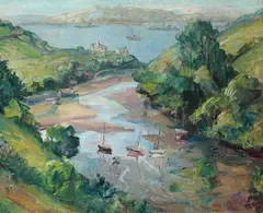John Riddle, Harbor View with Battleships, Oil on board