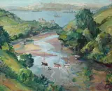 John Riddle, Harbor View with Battleships, Oil on board