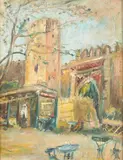 French School, Market Stalls and Tower Outside a Walled Town, MARKET STALLS AND TOWER OUTSIDE A WALLED TOWN, oil on canvas