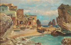 Heinrich Wolff, Coastal Village, Oil on panel