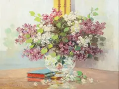 Marko Vukovic, Bouquet of Flowers with Books, Oil on board