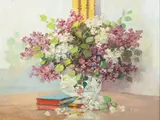 Marko Vukovic, Bouquet of Flowers with Books, Oil on board