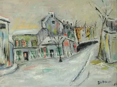 Sophie, Village En Hiver (Village in Winter, Oil on board