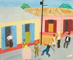 Antoine Obin, Un Dimanche de Carneval, Oil on masonite Click here to view supplemental information for this lot.