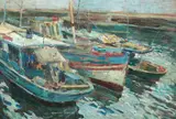 Oswaldo Teixeira Do Amaral, Moored Fishing Boats in a Harbor, Oil on wood panel.