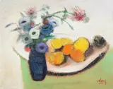Jean Volang, Still Life: a Vase of Flowers and a Plate of Cakes, Oil on canvas