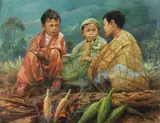 Dullah, Young Indonesia Boys Roasting Corn Near Solo, INDONESIA, signed, dated 1980 and located "Solo." Oil on canvas