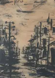 American School, STREET SCENE W FIGURES, illegibly signed upper left Charcoal and Ink, STREET SCENE W FIGURES, illegibly signed upper left Charcoal and Ink. .