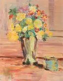 Dorothy Poses Fastov, Untitled, IMPRESSIONIST FLOWERS IN A VASE, oil on board