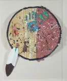 American Indian School, Plains Indian Circular Shield, Mixed media collage. signed and dated '85 in lower right of red side