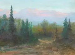 David Stirling, Impressionist View of Fir Trees with Mountains in the Distance in Estes Park, Oil on board Click here to view supplemental information for this lot.