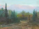 David Stirling, Impressionist View of Fir Trees with Mountains in the Distance in Estes Park, Oil on board Click here to view supplemental information for this lot.