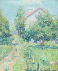 Charles J. Hasz, Impressionist View of a Country House by a Dirt Path Flanked by Trees, Oil on board Click here to view supplemental information for this lot.