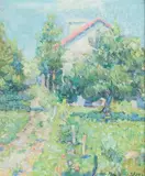 Charles J. Hasz, Impressionist View of a Country House by a Dirt Path Flanked by Trees, Oil on board Click here to view supplemental information for this lot.