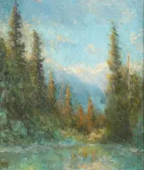 Charles Vezin, Impressionist Western Landscape of Fir Trees in Foreground with Mountains in the Distance, Oil on canvas Click here to view supplemental information for this lot.