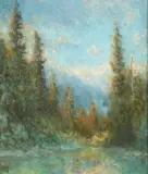 Charles Vezin, Impressionist Western Landscape of Fir Trees in Foreground with Mountains in the Distance, Oil on canvas Click here to view supplemental information for this lot.