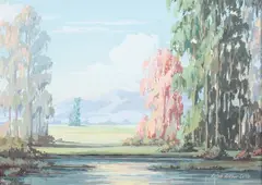 Ralph Arthur Lytle, An Impressionistic Southern California View of a River in the Foreground, Flanked by trees with a large meadowland and mountains in the distance, painted in Lytle's excellent Impressionist brushwork and pastel palette