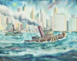 American School, GATHERING CARGO, partial signature lower left, Watercolor.