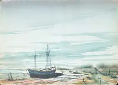 Shemanoske, Beached Boat on an Ocean Inlet, BEACHED BOAT ON AN OCEAN INLET, watercolor.